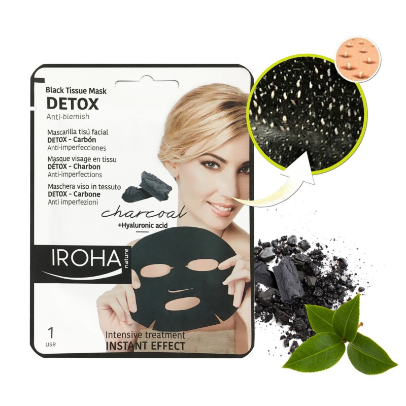 MASCHERA NERA VISO IN TESSUTO DETOX con CARBONE VEGETALE IROHA impurità 23ml MASCHERA NERA VISO IN TESSUTO DETOX con CARBONE VEGETALE IROHA impurità 23ml