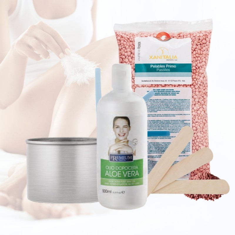 KIT DEPILAZIONE COMPLETO con ceretta brasiliana titanio rosa e olio dopocera aloe KIT DEPILAZIONE COMPLETO con ceretta brasiliana titanio rosa e olio dopocera aloe
